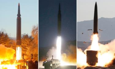 Triều Tiên thử tên lửa siêu vượt âm ngày 5/1 (trái), 11/1 (giữa) và tên lửa đạn đạo phóng từ tàu hỏa ngày 14/1.