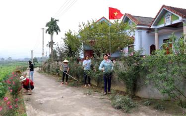 Lãnh đạo xã Việt Thành và nhân dân tham gia vệ sinh, chăm sóc các tuyến đường hoa trên địa bàn.
